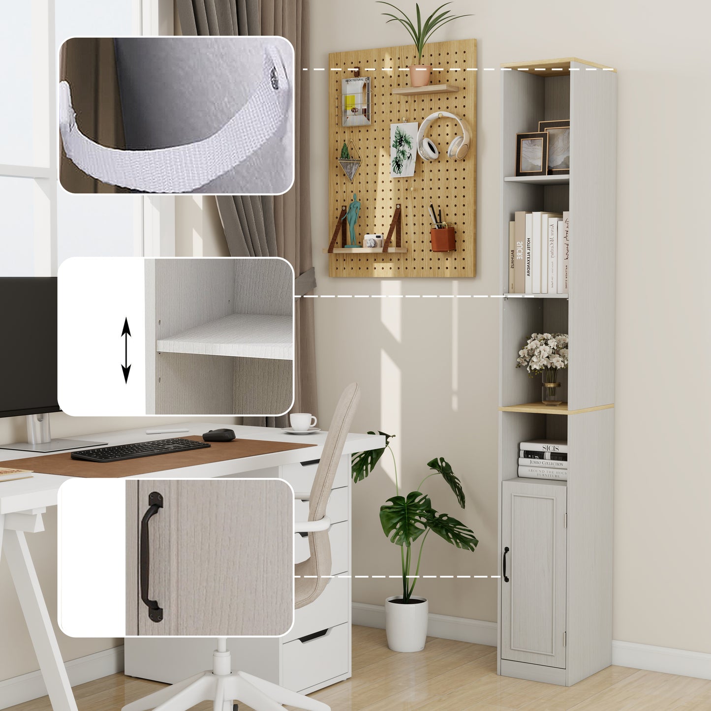 72 Tall Slim Storage Cabinet, 6-Tier Narrow Freestanding Bathroom Cabinet With 1 Door And 2 Adjustable Shelves, Bookcase Display Storage Shelves, Cube CD DVD Storage Cabinet-Antique White