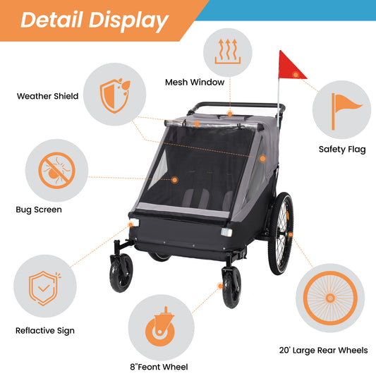 2 In 1 Kids Bike Trailer And Stroller For 1 To 2 Children, Jogging Function, Foldable Compact Storage With Universal Bike Hitch, 5-Point Harness And Storage Bags, Gray