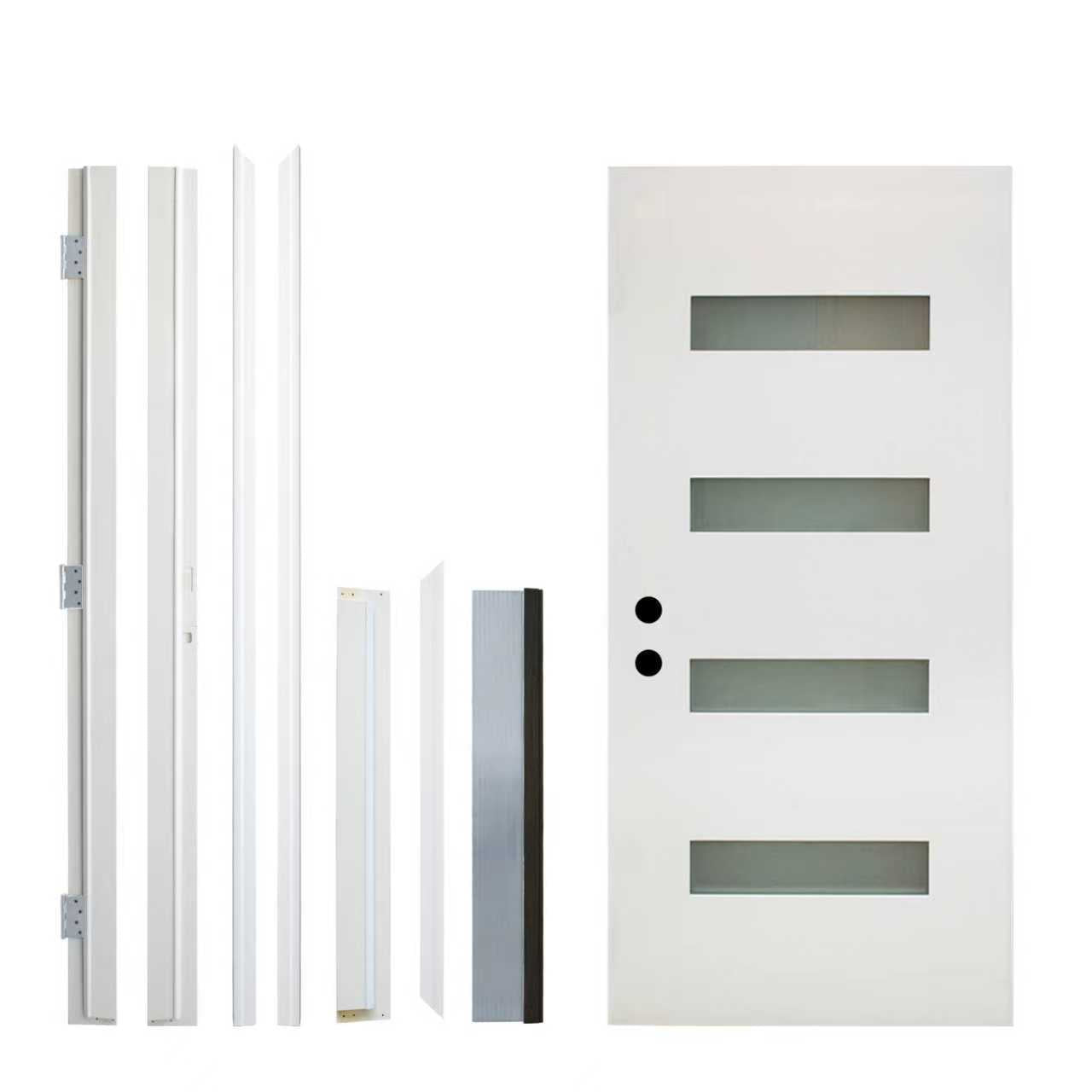 36 X 80 Fiberglass Entry Door, 4-Lite Frosted Glass - Contemporary Style For Home's Front Entrance, Right Hand Inswing, New Packaging 4-9-16 Vinyl Frame, White Finish Knock-Down Entry Door