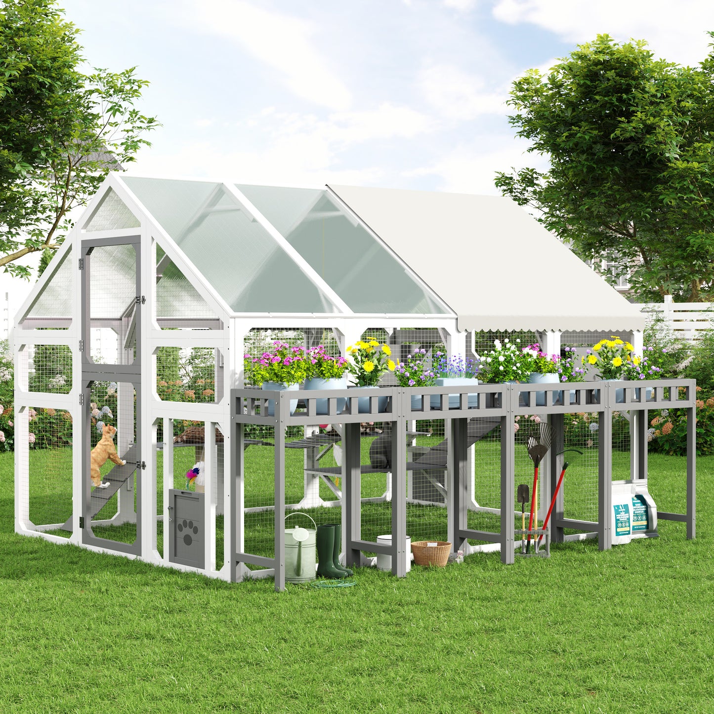 Large Outdoor Cat House With Planter Stand, Wooden Cat Enclosure With Resting Boxes For Multiple Kittens, Hanging Bridge, Platforms,Walk-In Catio Cage With Waterproof Proof Cover, Grey And White