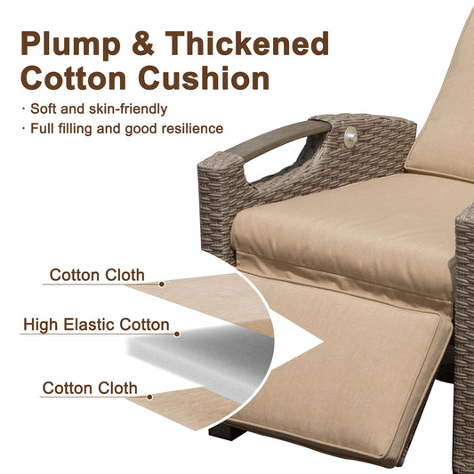 Outdoor Recliner Chair, Patio Recliner With Hand-Woven Wicker, Flip Table Push Back, Adjustable Angle, Thickness Cushions, Reclining Lounge Chair For Indoor And Outdoor, Beige