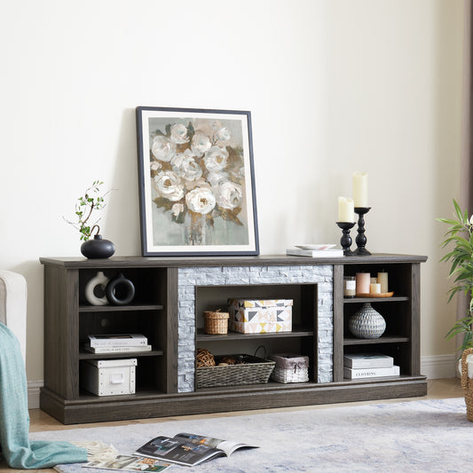 Large TV Stand TV Desk Storage Rack With Faux Stacked Stone Surround,Media Console Table With Large Storage Cabinet,Modern TV Media Entertaionment Stand,GREY, 70.12 Wx15.35 Dx25.83 H
