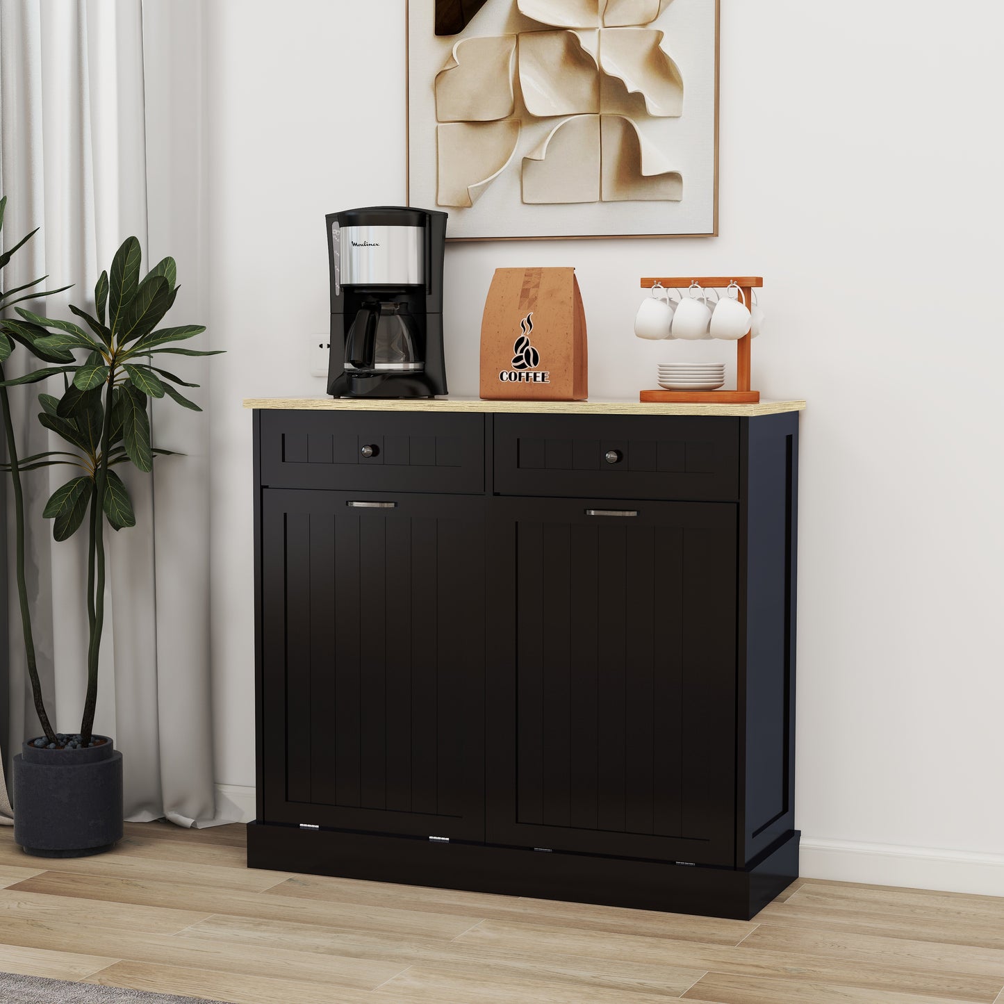 Two Drawers And Two-Compartment Tilt-Out Trash Cabinet Kitchen Trash Cabinet-Black