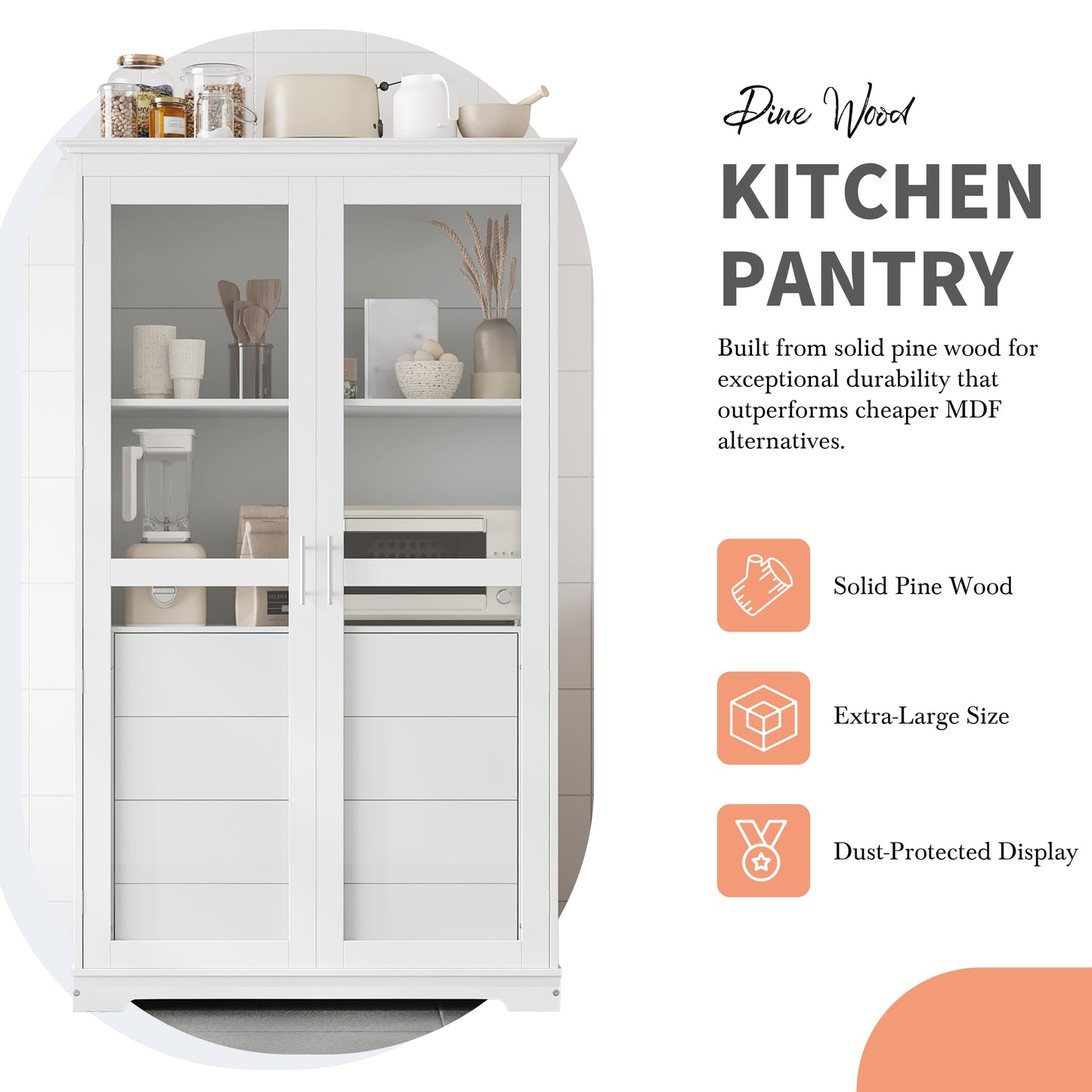 TOPMAx 44.7x20x75inch Kitchen Pantry Freestanding Kitchen Storage Cabinet Display Cabinet With Glass Doors And 4 Built- In Drawers For Living Room Home Office White