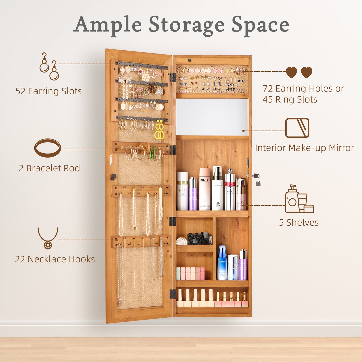 Solid Wood Jewelry Armoire Organizer Cabinet With Full-Length Mirror, 47.5x14.3 In Wall-Mounted Lockable With LED Light