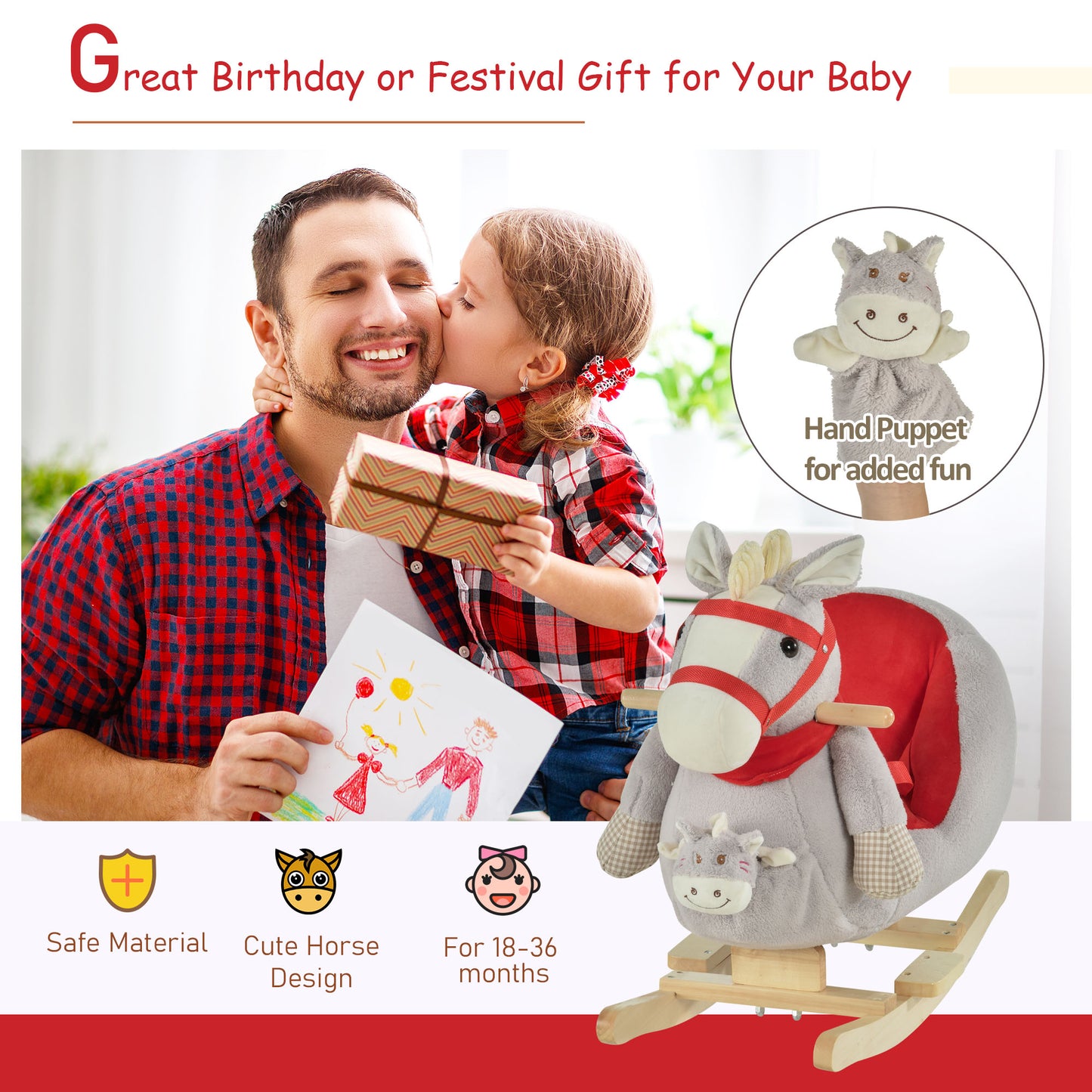 Kids Ride-On Rocking Horse Toy, Rocker With Lullaby Song, Hand Puppets & Soft Plush Fabric For Children 18-36 Months, Gray