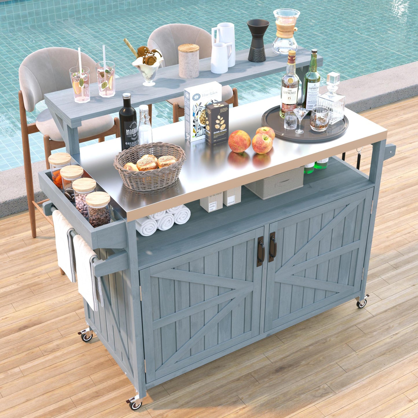 K&K 53.3 Outdoor Kitchen Island With Raised Shelf, Solid Wood Storage Cabinet With Stainless Steel Top, Outdoor Rolling Grill Cart With Internal Storage Rack, Adjustable Shelf, Spice Rack, Grey Blue