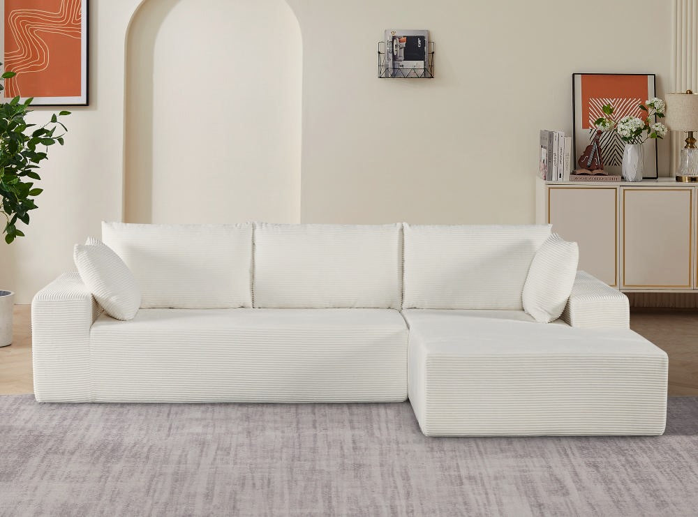 CozyForm Convertible Sectional Sofa In Soft Corduroy, Modern Comfy Couch With Full Foam Cushioning, Cozy Sleeper Sectional For Living Room, Bedroom, No Assembly Required, Ivory - Right Facing