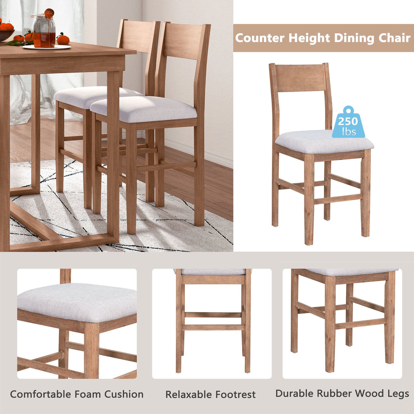 TOPMAX Farmhouse Counter Height 5-Piece Dining Table Set With 1 Rectangular Dining Table And 4 Dining Chairs For Small Places,Brown Old
