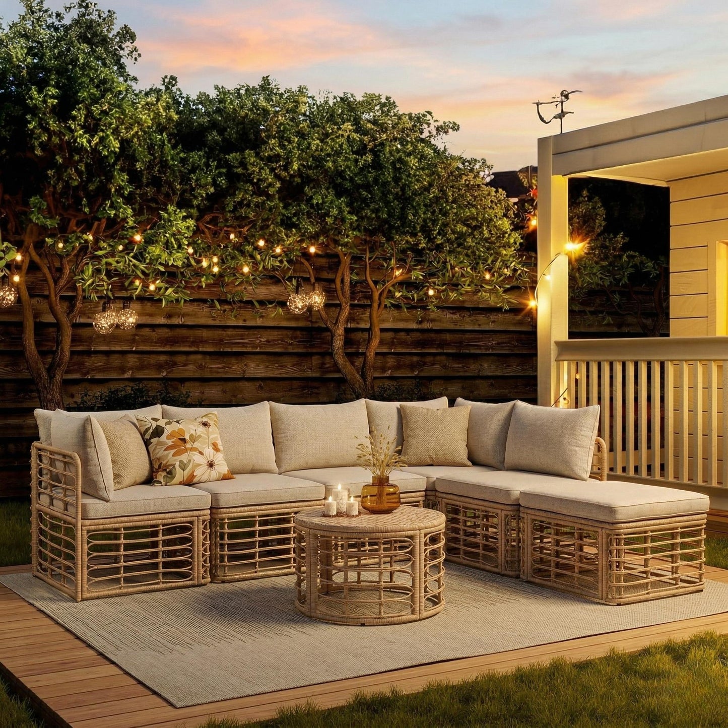 GO 7 Pieces Outdoor Patio Furniture, All-Weather Rattan Sectional Sofa Set With Thick Cushions And Pillows, Freely Combined Conversation Sets For Garden, Backyard, Balcony, Brown