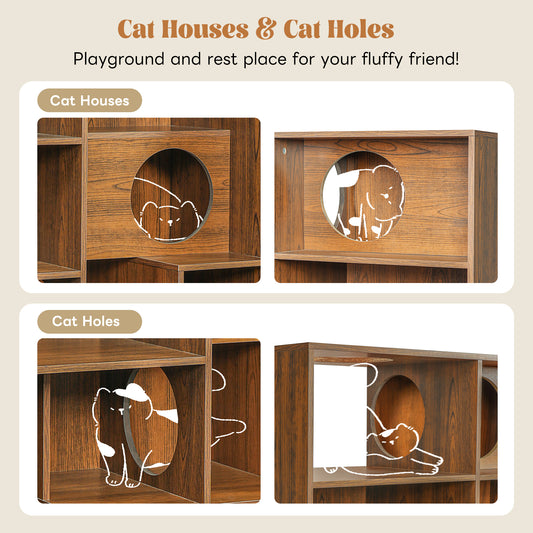 Modern 2 IN 1 Wood Bookshelf Cat House, Cat Tree Display Case With Storage, Cat Litter Box Enclosure Climbing Shelf - BROWN