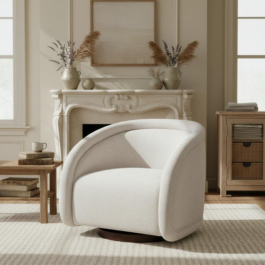 Sabbo Beige Boucle Swivel Chair With Walnut-Finished Solid Wood Base
