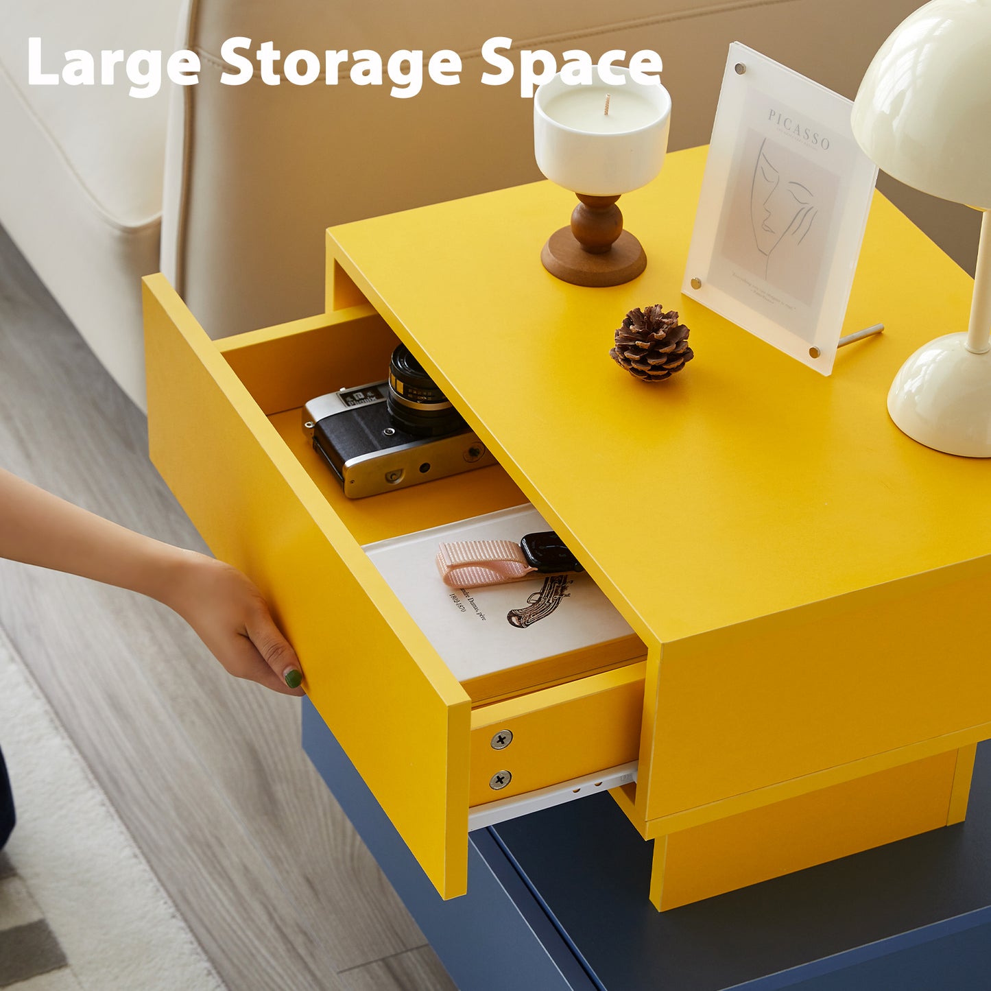 Modern Nightstand End Side Table With Large Storage Space Bedside Table For Bedroom Living Room And Playroom Yellow & Blue