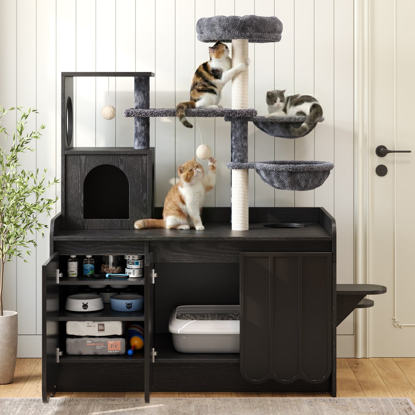 50.6 Cat Tree With Litter Box Enclosure, Cat Tower With Sisal Scratching Post And Storage Space, Hidden Litter Enclosure Furniture, All-in-One Modern Cat Condo With House, Hammock And Perch, Black