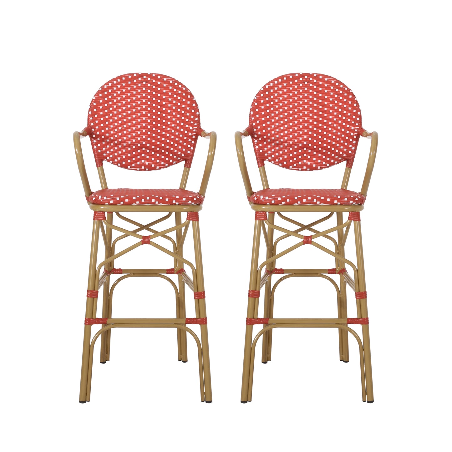 Outdoor Wicker And Aluminum 29.5 French Barstools, Set Of 2, Red, Bamboo Print Finish
