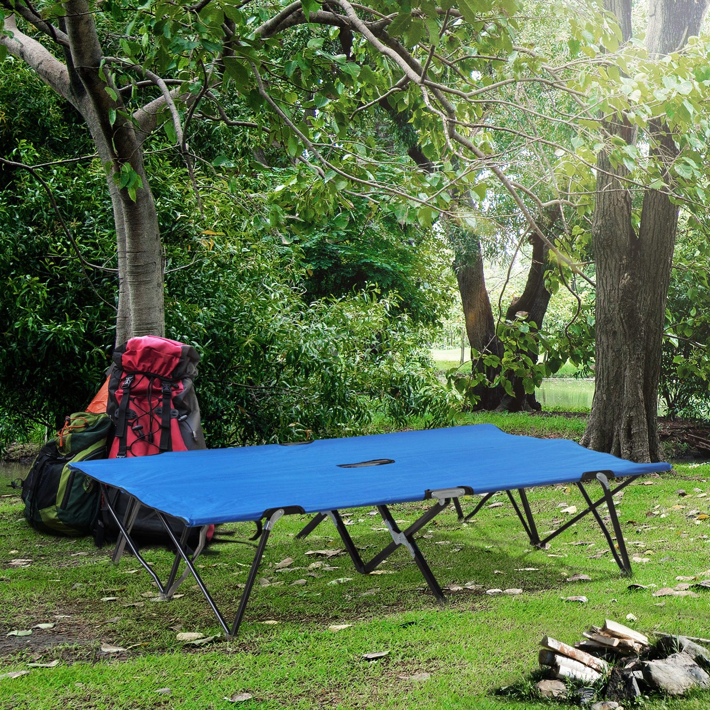 2 Person Folding Camping Cot For Adults, 50" Extra Wide Outdoor Portable Sleeping Cot With Carry Bag, Elevated Camping Bed, Beach Hiking, Blue
