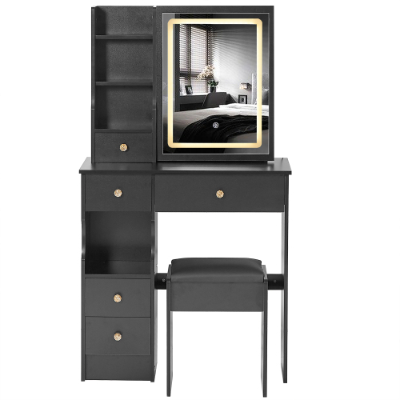 29.2 Small Size Left Drawer Desktop Vanity Table Cushioned Stool, Large Sliding, Touch Control, Tri-color Switching, Brightness Adjust LED Mirror, High Capacity Storage, Suitable For Small Space
