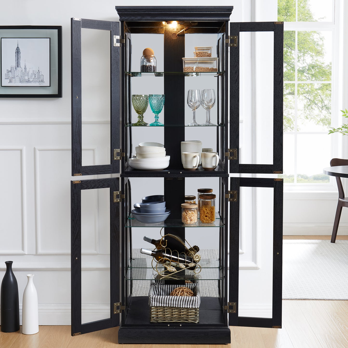 Elegant Lighted Glass Curio Display Cabinet - Wooden Frame Storage For Living Room, Kitchen & Pantry - Includes Light Bulb - Ideal For Wine, Toys & Collectibles - Black