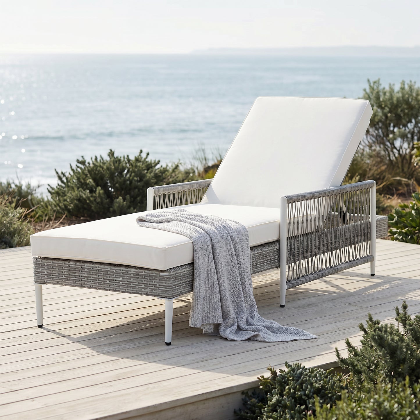 TOPMAX Outdoor All-Weather PE Rattan Chaise Lounge, Minimalist Patio Wicker Lounge Chair With 6 Gear Adjustable Recliner, Arms And Cushion For Poolside, Deck, Set Of 2, Grey