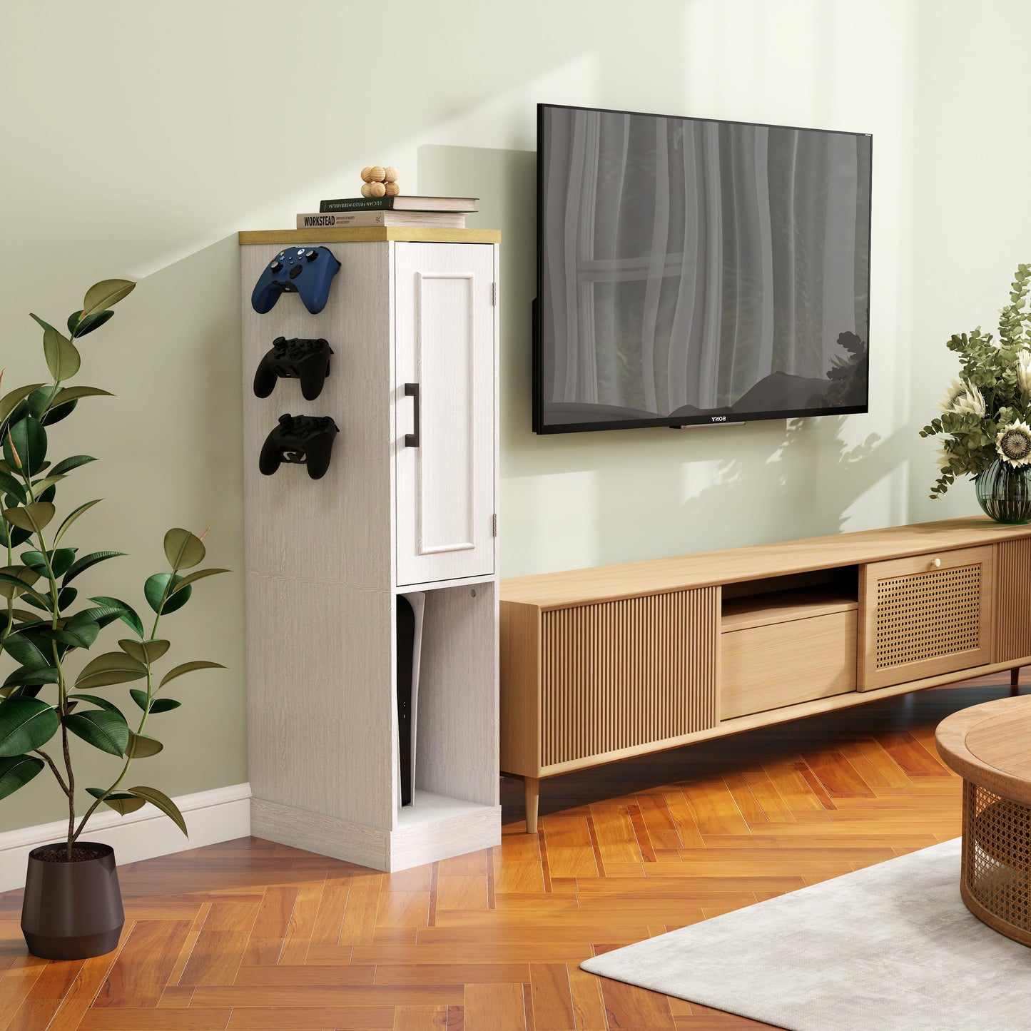 44.49 Slim AV Media Stand Game Console Stand, Media Storage Cabinet With 2 Built-in Drawers And 3 Hooks, Game Console Storage Cabinet For PS5 And Xbox-Antique White