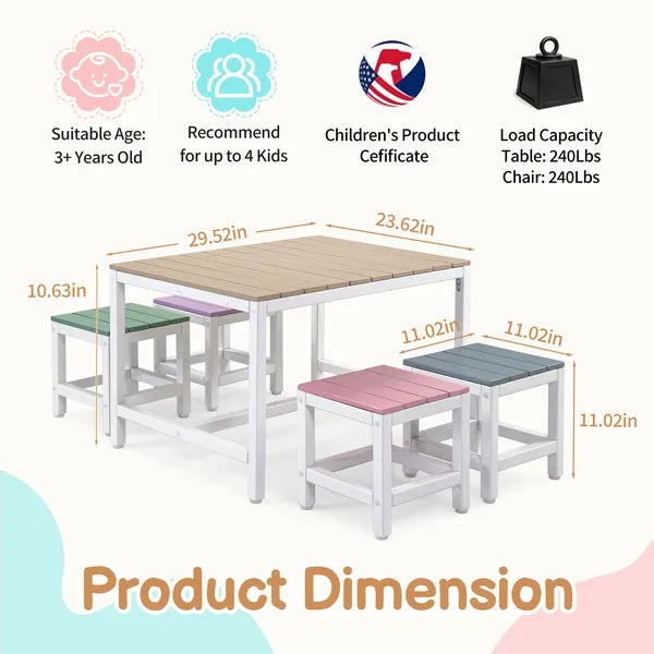 5-piece Children's Patio Table And Chair Set - 1 Table & 4 Stools, 29.5 Inches, Khaki, Pink, Purple, Blue, And Green Color Blocking, Made Of Poplar Wood