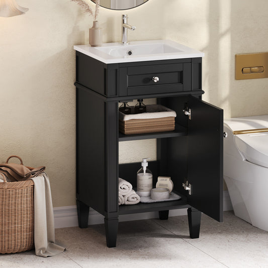 18-inch Bathroom Vanity With Ceramic Sink, Freestanding Single Vanity Set With Soft Closing Door, Adjustable Shelf, French Style, Solid Feet, Black