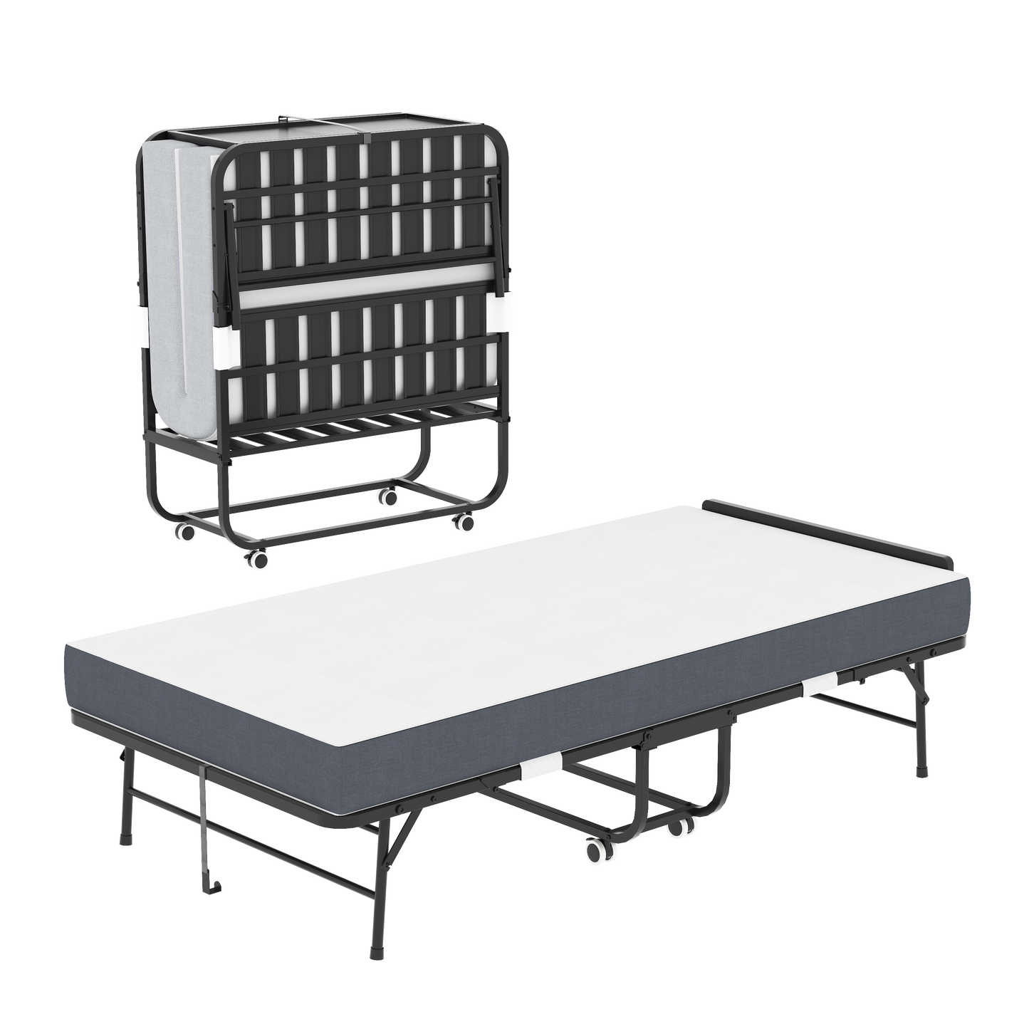 75 X 38 Folding Bed With Adjustable Headboard, 5 Memory Foam Rollaway Bed For Tall People, Heavy-Duty Portable Guest Bed On Wheels, Easy Assembly Twin Size Cot