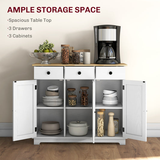 Kitchen Storage Cabinet, Sideboard Floor Cupboard With Solid Wood Top, Adjustable Shelf, And 3 Drawers, White
