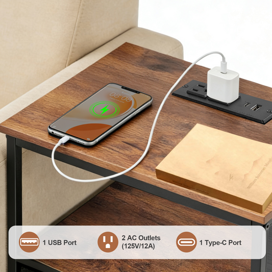 Bedside Table, With Built-in USB- C-type Port Sockets And Adjustable Drawers, 3-layer Storage Rack, And Fabric Drawers