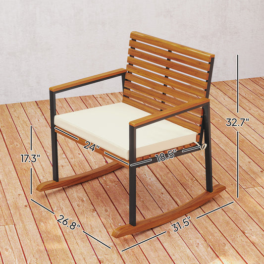 Acacia Wood Outdoor Lawn Rocking Chair Set Of 2, Outdoor Patio Rocking Chairs With Armrests, Cushion, Cream White