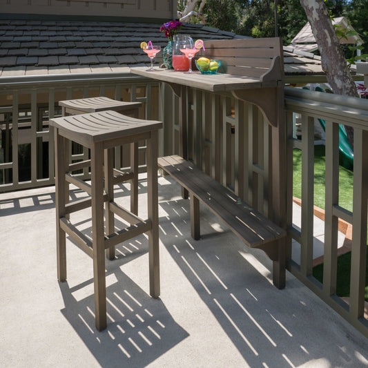 3 Piece Balcony Bar Set With Bottom Shelf Table And 2 Stools, Grey Finish