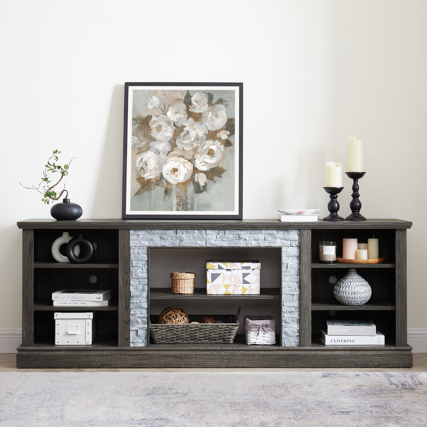 Large TV Stand TV Desk Storage Rack With Faux Stacked Stone Surround,Media Console Table With Large Storage Cabinet,Modern TV Media Entertaionment Stand,GREY, 70.12 Wx15.35 Dx25.83 H