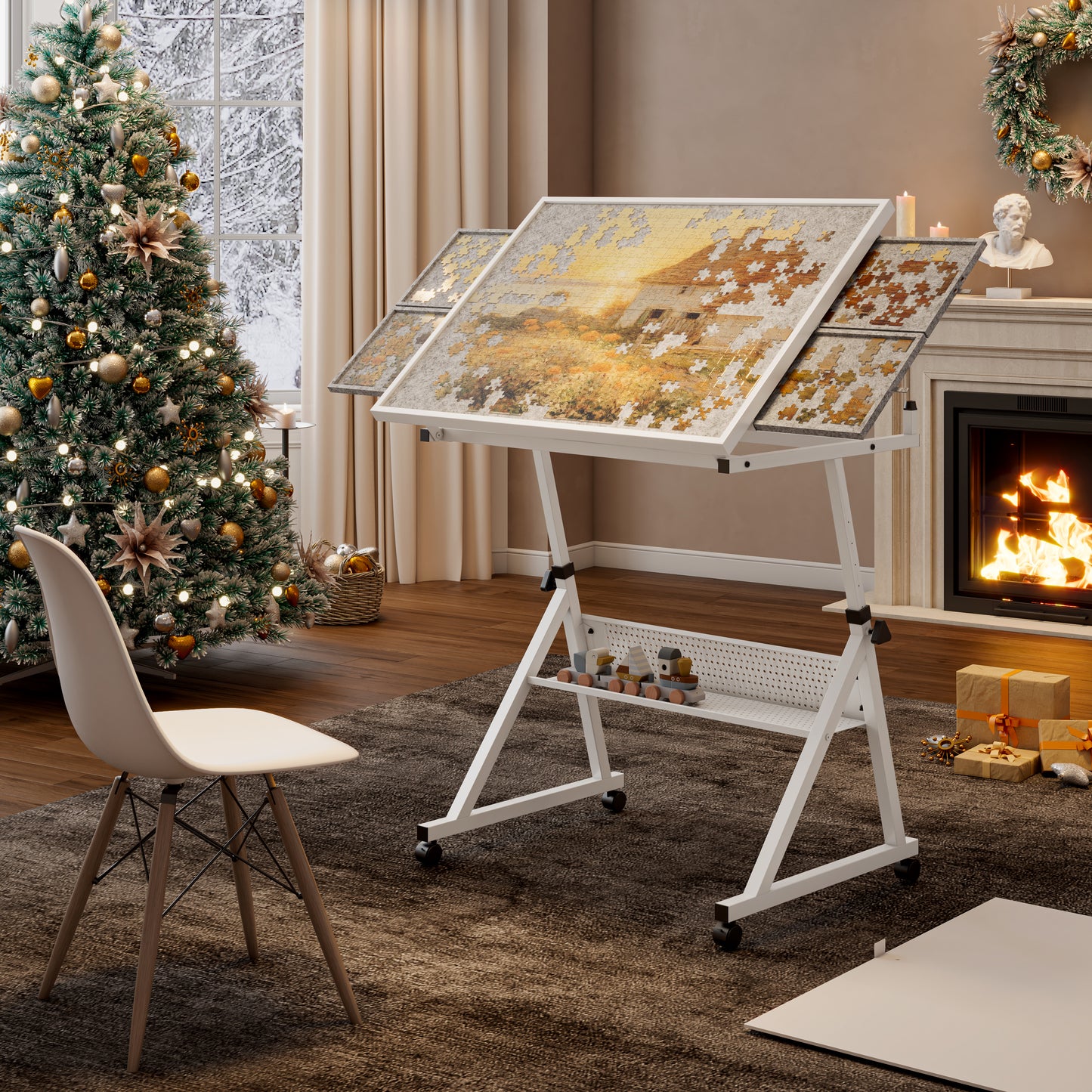 1500 Pieces Jigsaw Puzzle Metal Table Board For Adults Gift With 4 Trays White