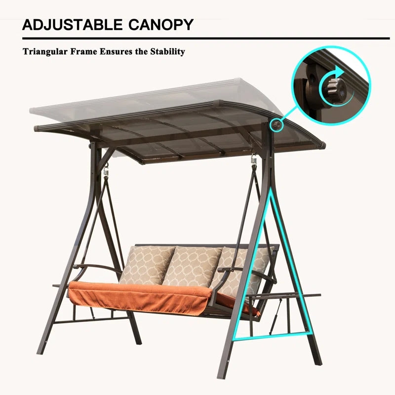 Patio Porch Swing 3 Person Adjustable Canopy Deluxe Hammock Swing Glider With 3 Cushions For Outdoor Garden, Balcony