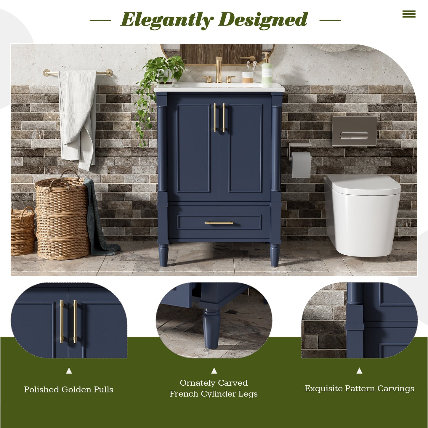 24 Modern Bathroom Vanity With Ornate Motif Design & Soft-Close Hinges, Bathroom Cabinet With Drawer And Back Open Structure, Ornately Carved French Cylinder Legs