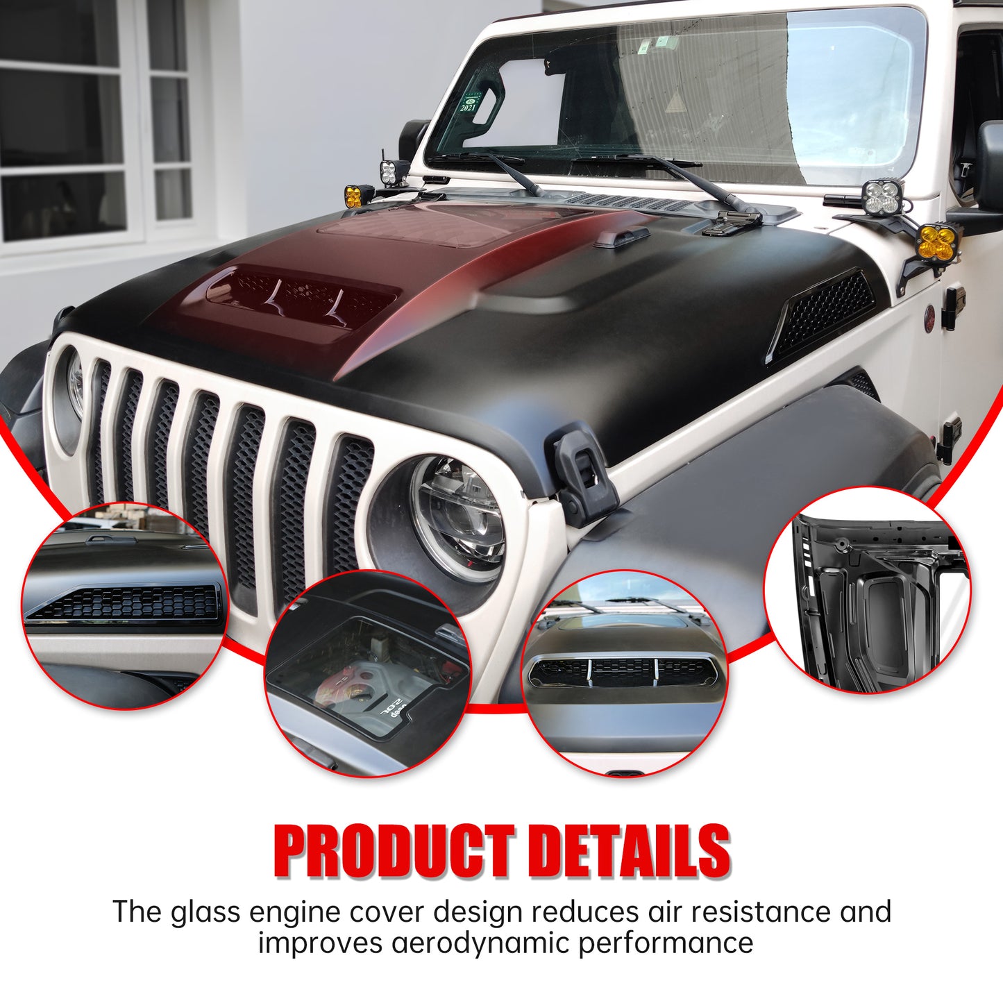 Space-Capsule Style Hood Heat Dispersion Hood Compatible With 2018-2026 Wrangler JL JLU & 2020-2026 Gladiator JT Replacement Hood Not For Mojave&392 Model