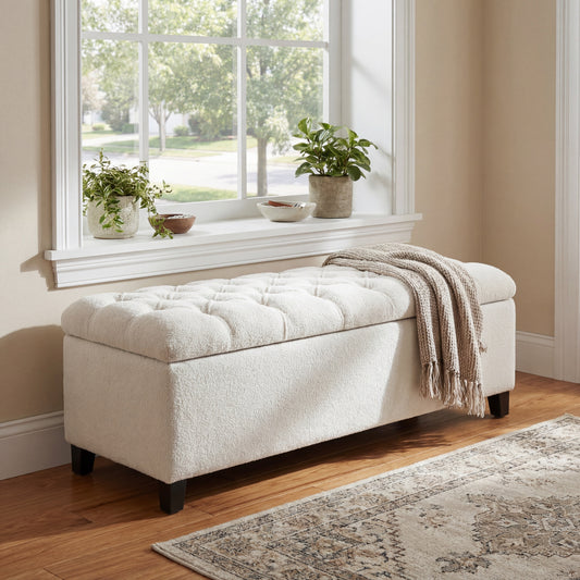 Ottoman Bench With Storage, White Boucle Surface, Rubber Wood Legs, 300 Lbs Capacity