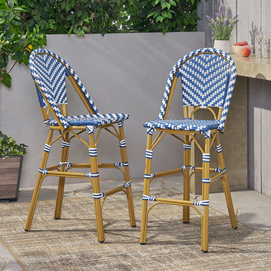 29.5 Outdoor PE Rattan French Barstool, Navy Blue And White, Aluminum Frame With Bamboo Finish Set Of 2