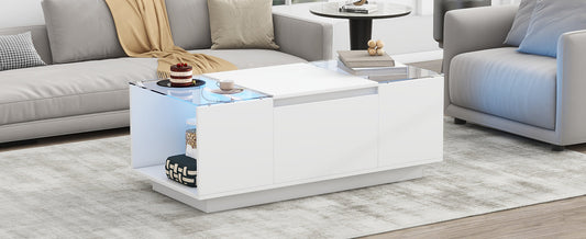 U-Can Led Coffee Table, Modern Center Table With High-Gloss Finish And Glass Tabletop, Coffee Table With Open Storage Compartment And 2 Hidden Drawers For Living Room