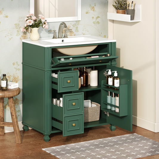 Bathroom Vanity Cabinet With Ceramic Sink Basin, 30 Inch, Storage Cabinet With Soft Close Doors And Door Organizer