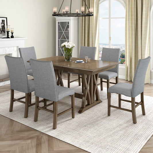 TOPMAx Mid- Century Solid Wood 7- Piece Dining Table Set Extendable Kitchen Table Set With Upholstered Chairs And 12 Leaf For 6 Golden Brown Gray Cushion