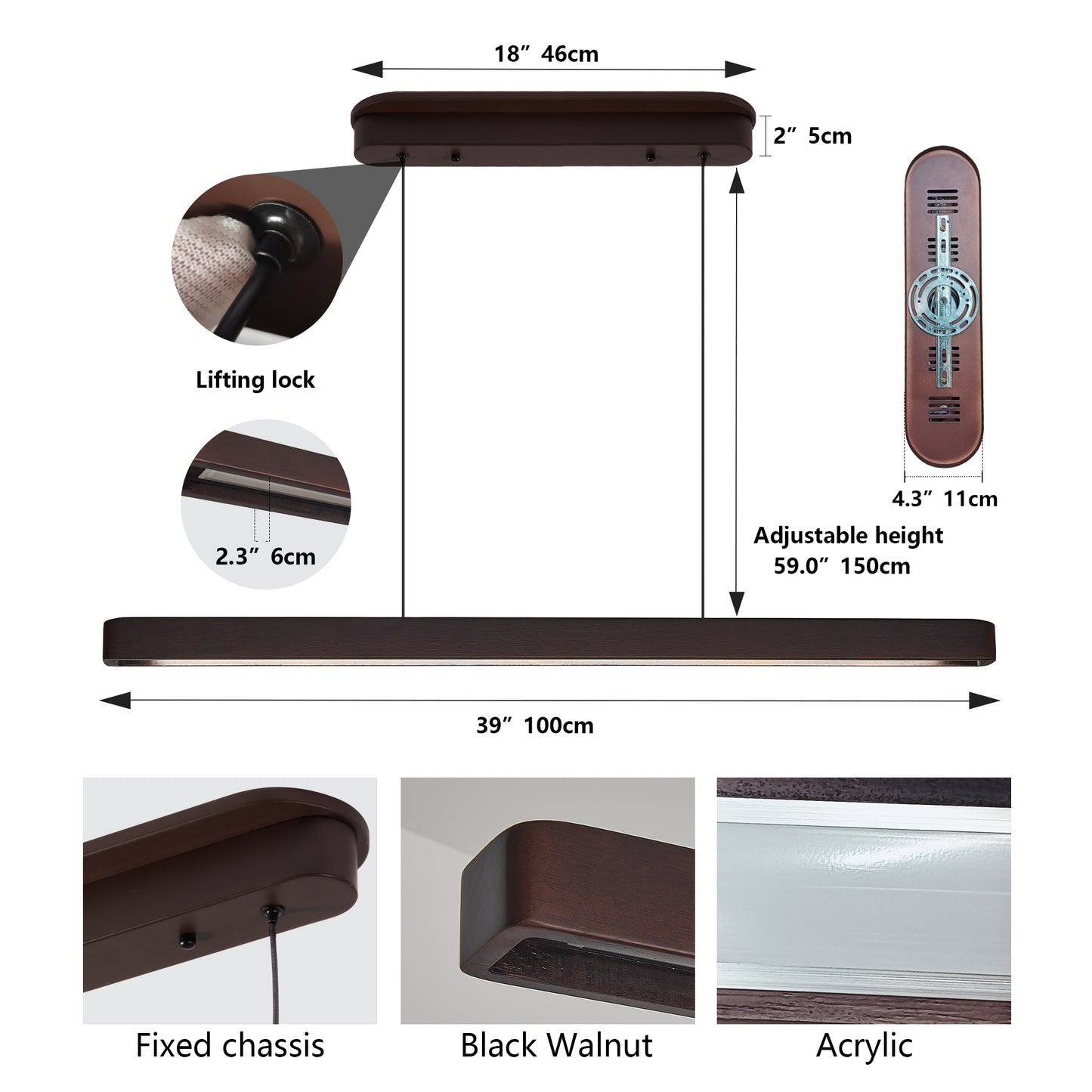 39-inch Walnut Wood Modern LED Pendant Light, Adjustable Hanging Light For Dining Room, Kitchen, Living Room Sleek Walnut Color Finish