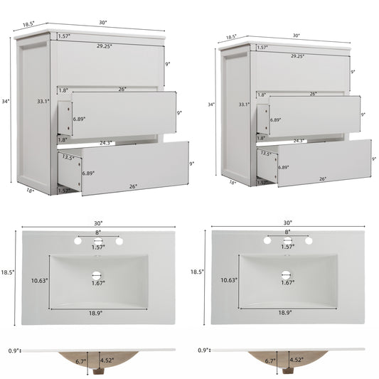60 Double Sinks Bathroom Vanity Set, Bathroom Cabinet With Two Separate Ceramic Sinks, Full-Extension Drawers & Soft Close Undermount Drawer Slides, White