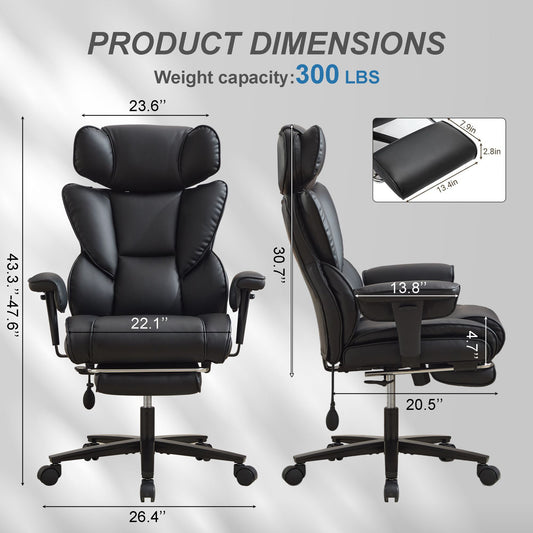 Office Chair With Foot Rest And Waist Lumber Support, Ergonomic Gaming Chair With Adjustable Height Headrest, High-Back Leather Reclining Chair For Home, Black