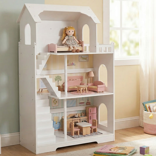 Wooden Dollhouse Bookshelf 3 Tier Kids Dollhouse Bookcase For Children Above 3 Years Old Role Playing