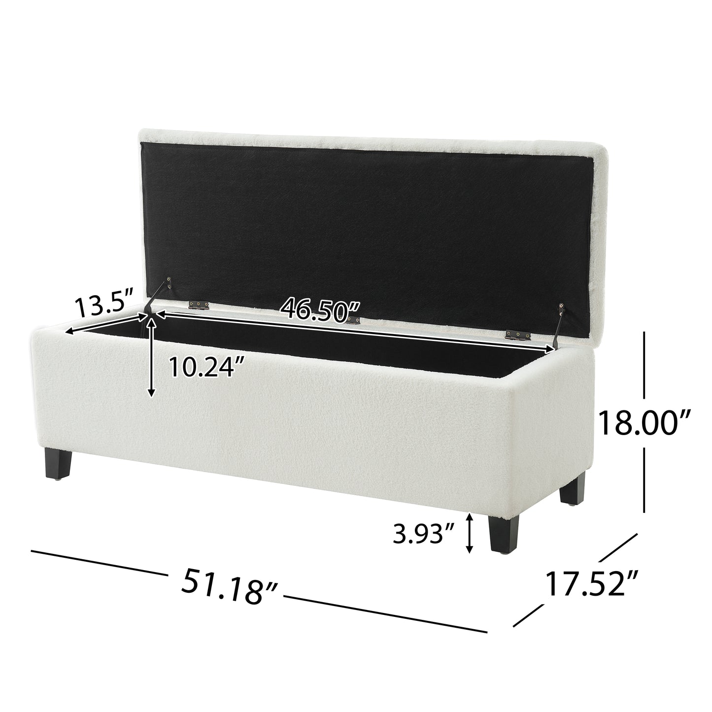 Ottoman Bench With Storage, White Boucle Surface, Rubber Wood Legs, 300 Lbs Capacity