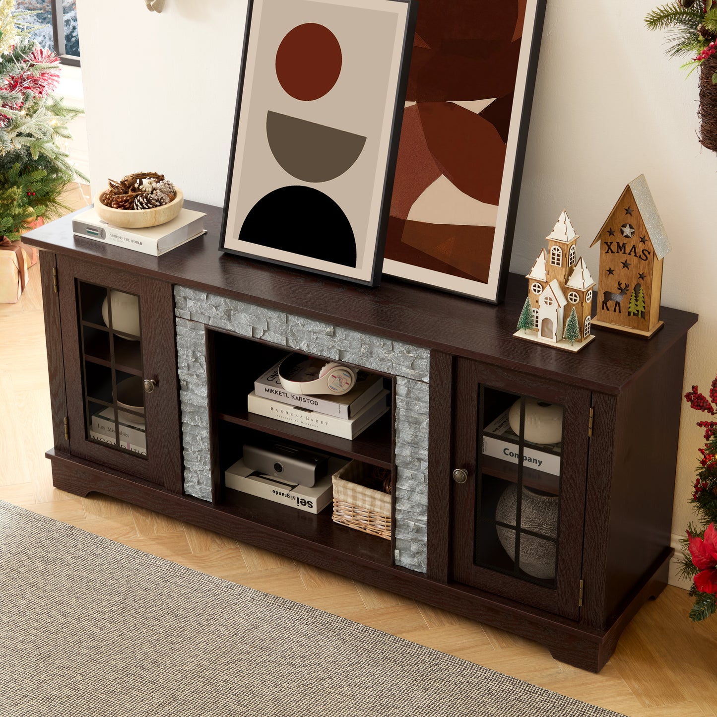 58 Modern TV Stand With 2-Door Storage, Faux Stone Media Console Cabinet, Cherry Large Entertainment Center For Living Room