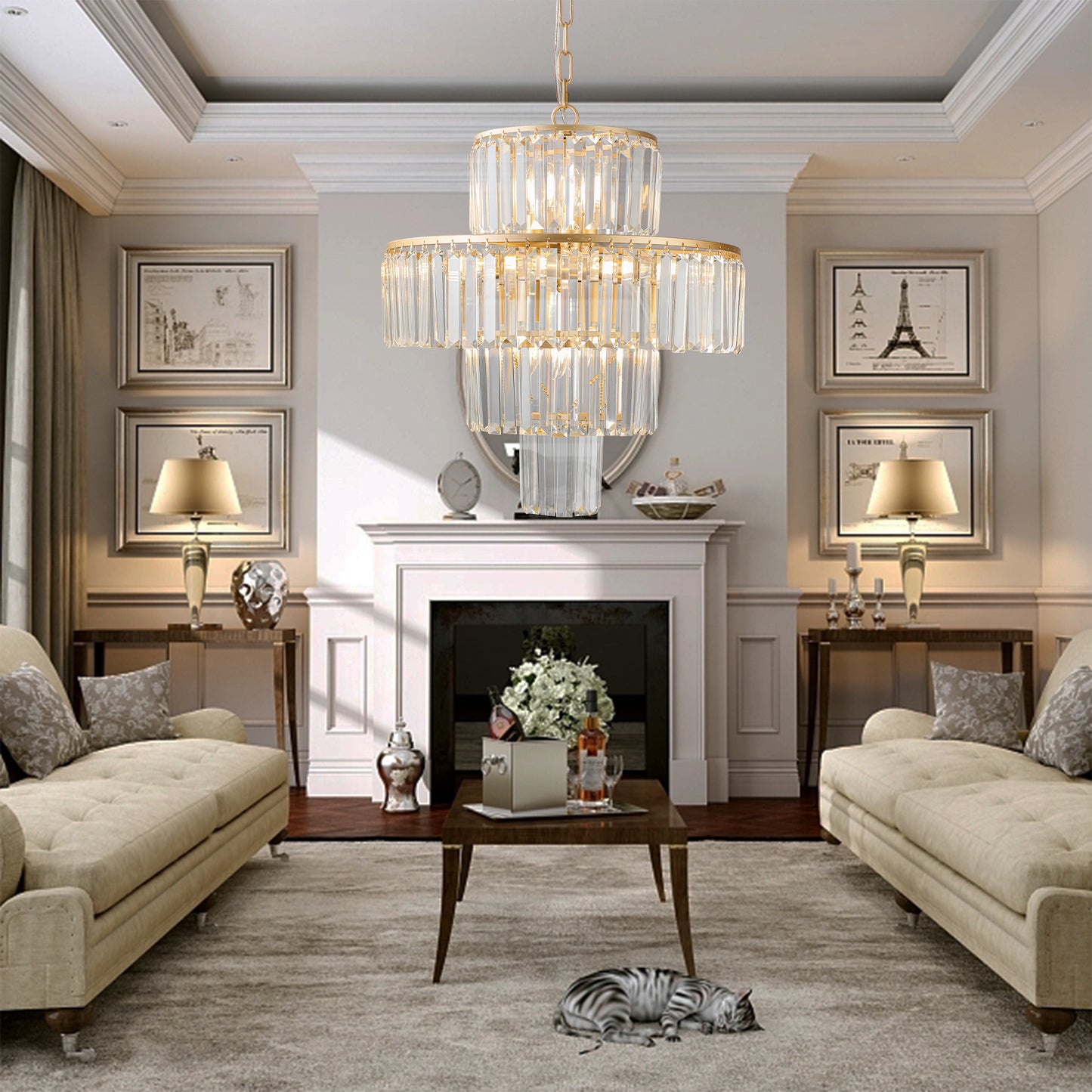 20 Modern Crystal Chandelier With Gold Finish, 4-Tier Design For Dining Room Or Living Room, Elegant Crystal Pendant Light Fixture Bulb Not Included