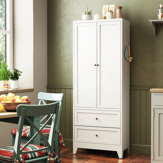 72 Inch White Pantry Cabinet With 2 Drawers, Freestanding Kitchen Storage Cabinet With Adjustable Shelves, Heavy-Duty Organizer For Spices, Dishware, Small Appliances In Kitchen, Pantry, Dining Room