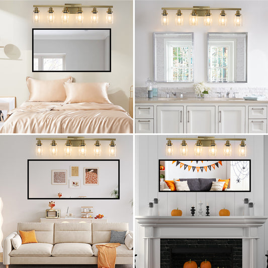 37 Golden 6-Light Vanity Light With Clear Glass Shades, Modern Iron Metal Bathroom Wall Fixture For Mirror, Ideal For Bathroom And Dressing Table -No Bulbs
